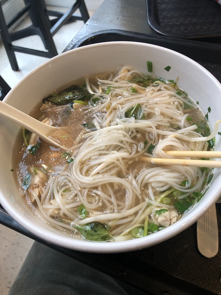 Bowl of chicken phở with rice noodles and herbs