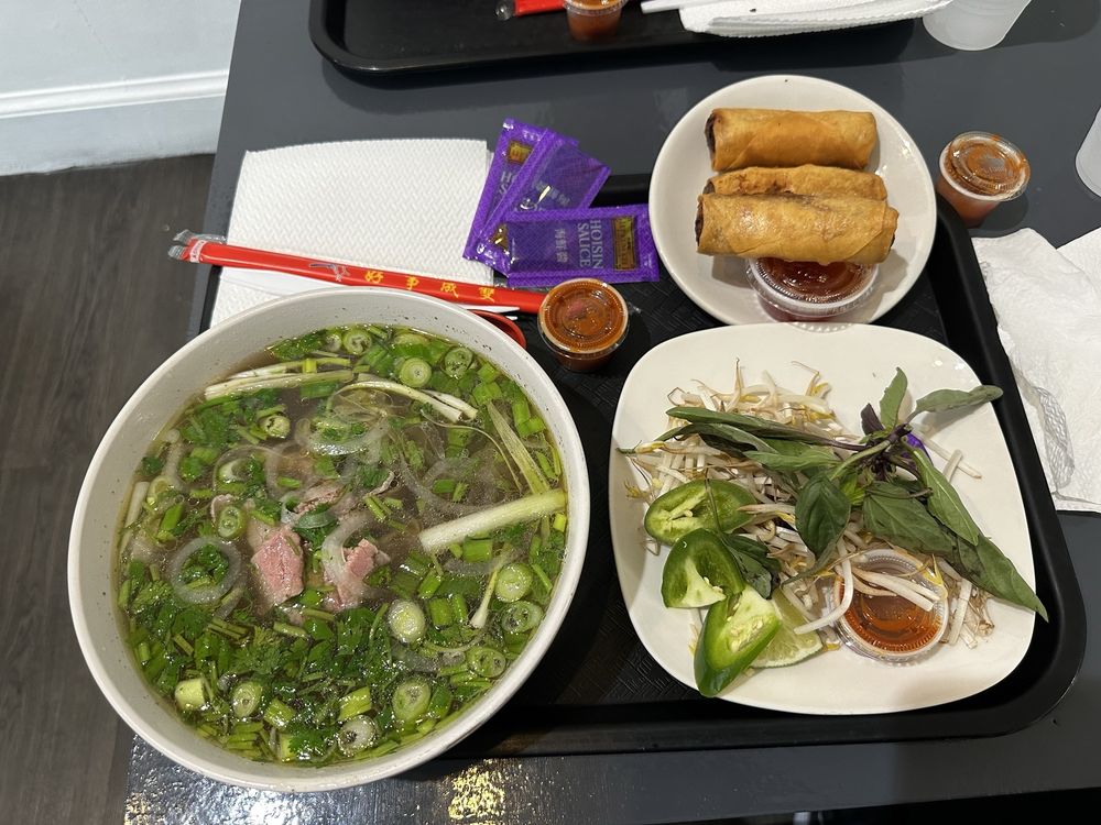 A spread of Vietnamese phở and crispy egg rolls